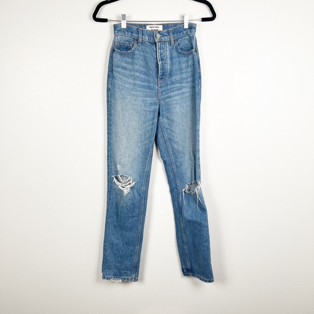 Reformation Cynthia High Rise Straight Jeans Shasta Destroyed Blue Denim 23